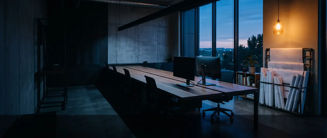 A quiet meeting room at dusk before a bid presentation, drawings racked by the window
