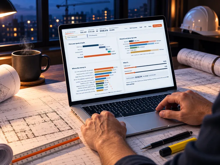 An estimator at a desk of drawings in the evening, the sample Pricing Studio open on the laptop