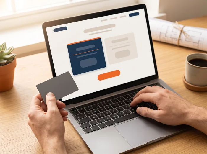 Card in hand at the laptop, the flat fee on screen, before paying